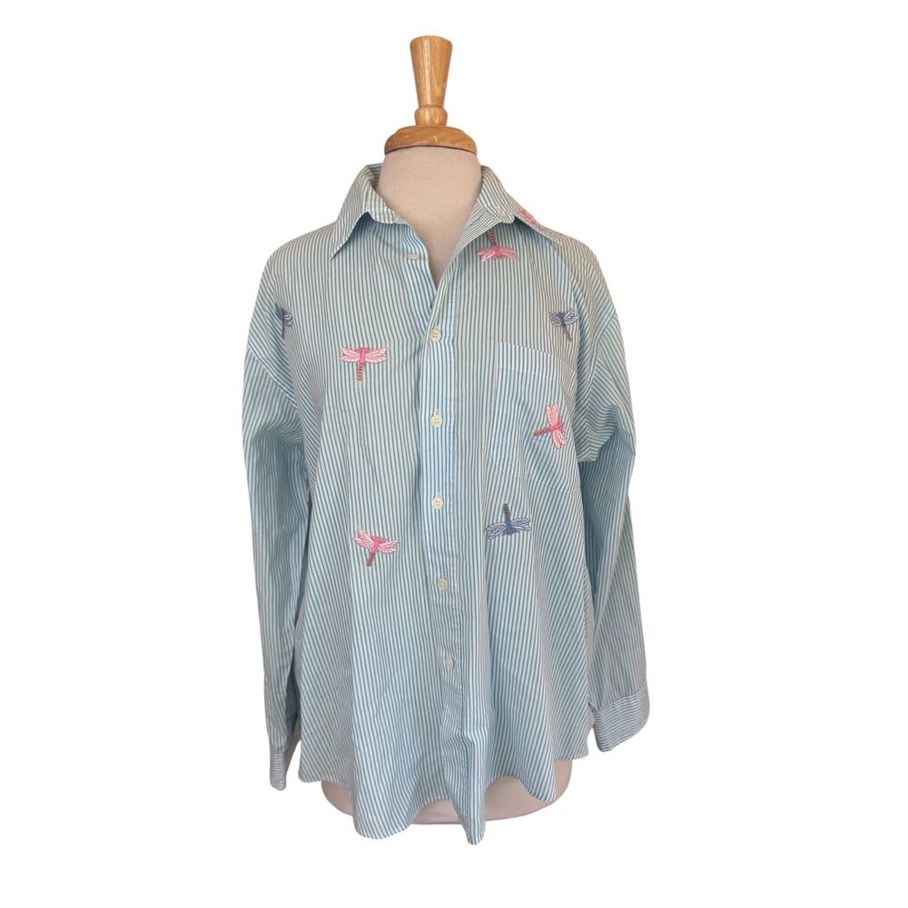 Vintage Whimsy Dragonfly Striped Button Up Shirt Size Large Women’s MILI DESIGNS